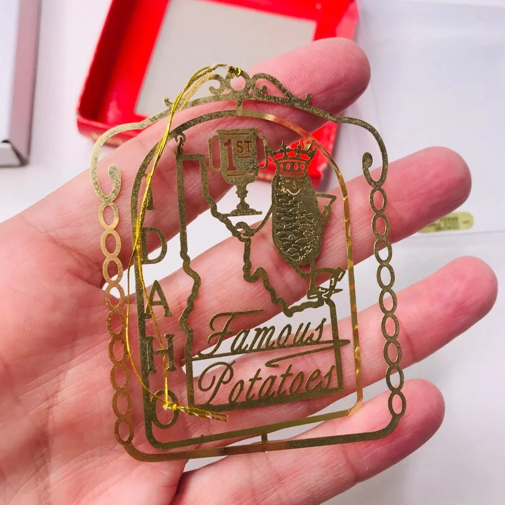 Idaho Famous Potatoes Christmas Ornament 24k Gold Finish Brass Holiday Boxed